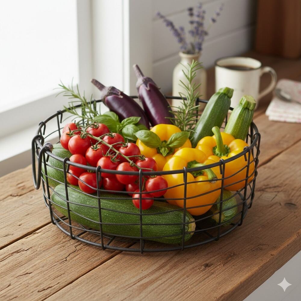 Round Metal Wire Basket Black Fruit Bowl Garden Rustic Farmhouse Storage 12X5‎